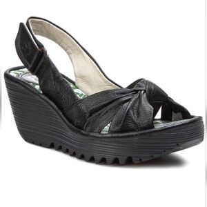 Fly London Yman Black Leather, Open Toe, Slingback, Platform, Wedge Sandal 6.5M